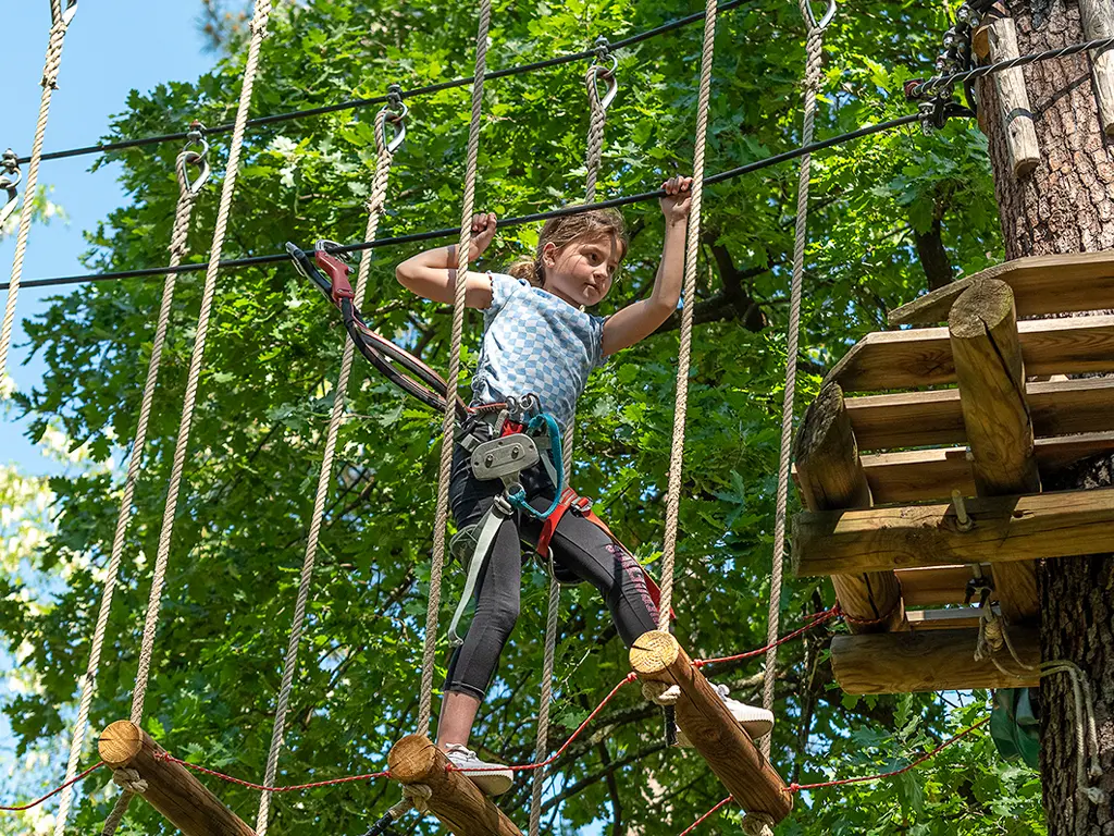 Jeune grimpeur franchissant un pont de singe, journée anniversaire au parc accrobranche